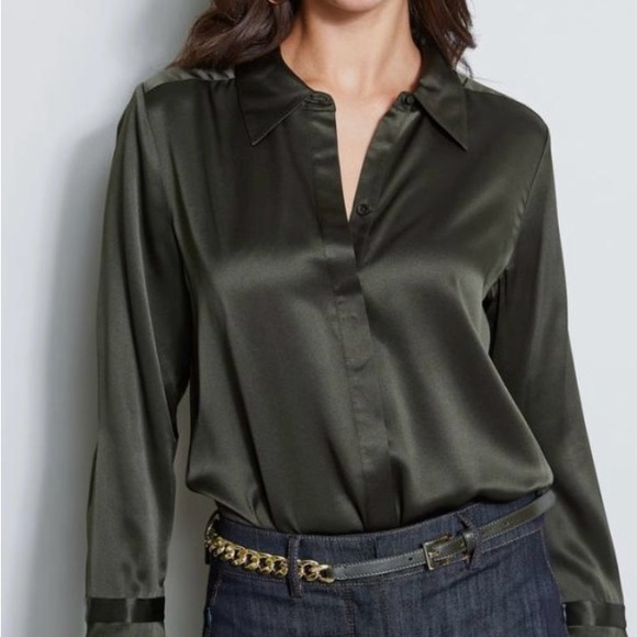 Elie Tahari Silk Button Down Shirt in Olive. Ruffle Sleeves. NWT. Small - Picture 1 of 6